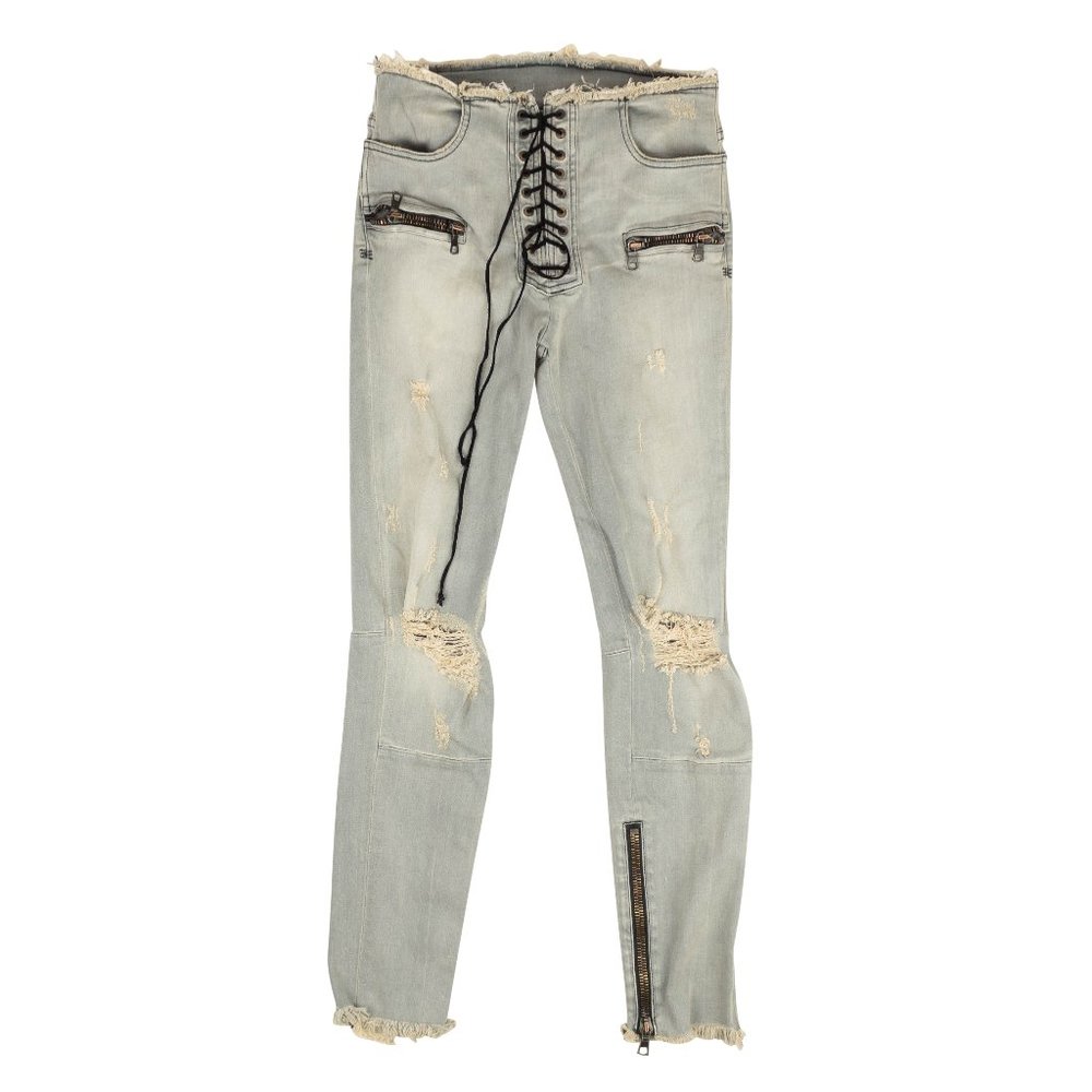 NEW UNRAVEL PROJECT Blue Distressed Denim Lace Up Skinny Jeans Size 27 $875